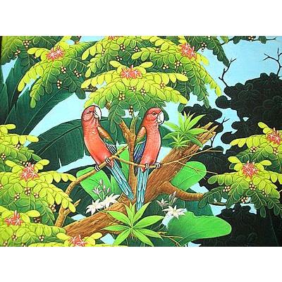 バリ絵画　Lサイズ　横　森の小鳥達  赤インコ おしゃれな インテリア 壁掛け アート 自然画 風景画 アジアン 雑貨 バリ タイ アジアン インテリア