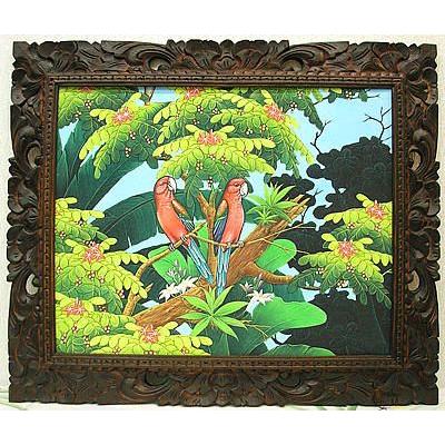バリ絵画　Lサイズ　横　森の小鳥達  赤インコ おしゃれな インテリア 壁掛け アート 自然画 風景画 アジアン 雑貨 バリ タイ アジアン インテリア_1