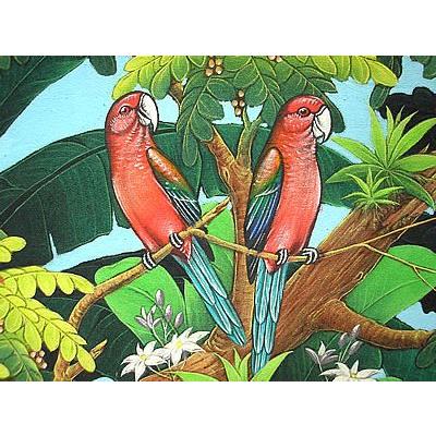 バリ絵画　Lサイズ　横　森の小鳥達  赤インコ おしゃれな インテリア 壁掛け アート 自然画 風景画 アジアン 雑貨 バリ タイ アジアン インテリア_2