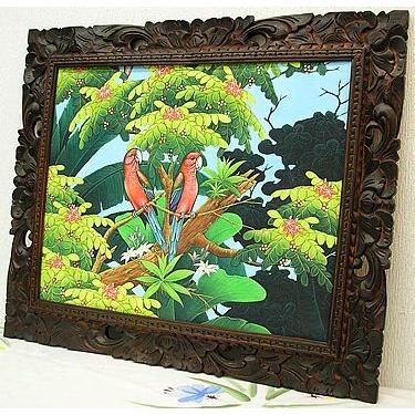 バリ絵画　Lサイズ　横　森の小鳥達  赤インコ おしゃれな インテリア 壁掛け アート 自然画 風景画 アジアン 雑貨 バリ タイ アジアン インテリア_3