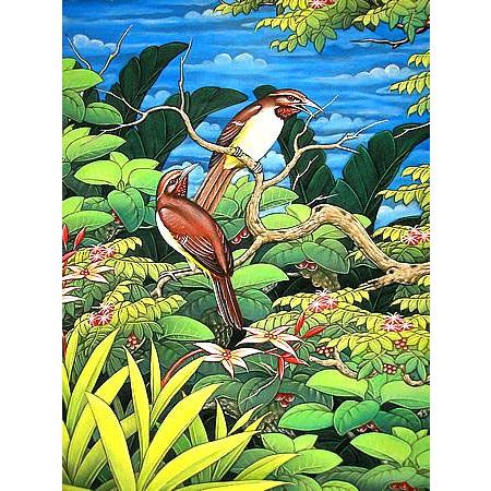 バリ絵画　L　縦　森の小鳥達  茶 おしゃれな インテリア 壁掛け アート 自然画 風景画 アジアン 雑貨 バリ タイ アジアン インテリア