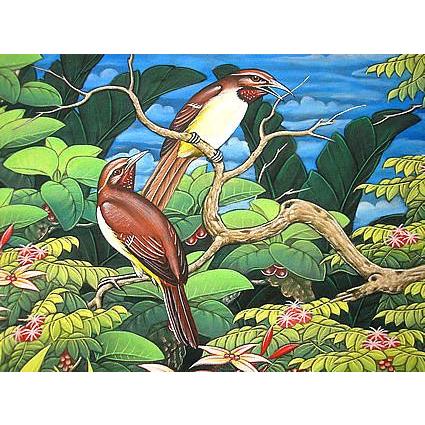 バリ絵画　L　縦　森の小鳥達  茶 おしゃれな インテリア 壁掛け アート 自然画 風景画 アジアン 雑貨 バリ タイ アジアン インテリア_1