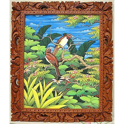バリ絵画　L　縦　森の小鳥達  茶 おしゃれな インテリア 壁掛け アート 自然画 風景画 アジアン 雑貨 バリ タイ アジアン インテリア_3