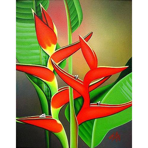 バリアート絵画　L　縦　熱帯の花　ストレリチア  おしゃれな アジアン インテリア 壁掛け エスニック アート オブジェ