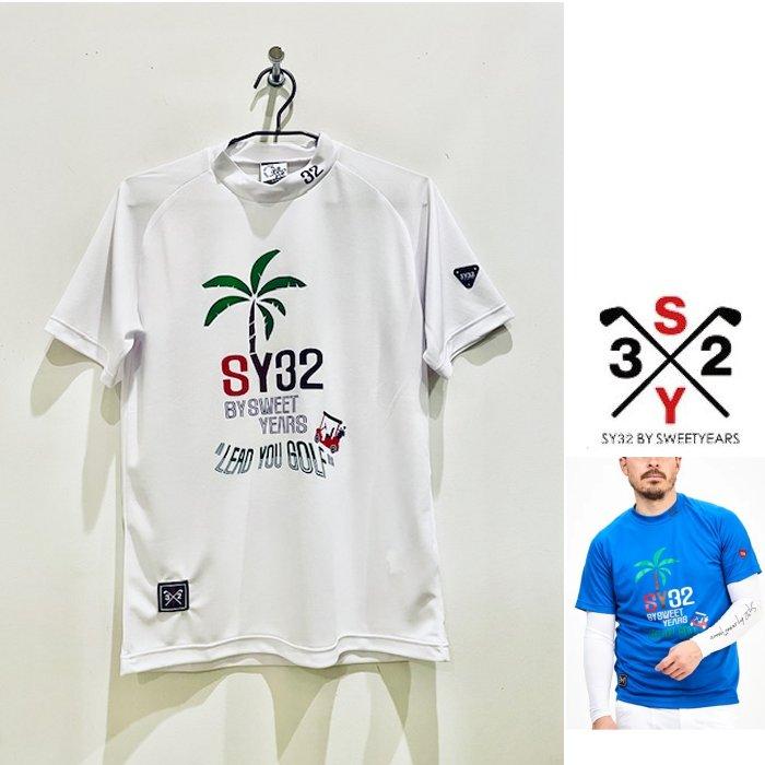 SY32 by SWEET YEARS★GOLF SYG-24SUM-03 PALM PRINT MOCK NECK ロゴ モックネックTシャツ Color:WHITE(ホワイト)｜angland｜09