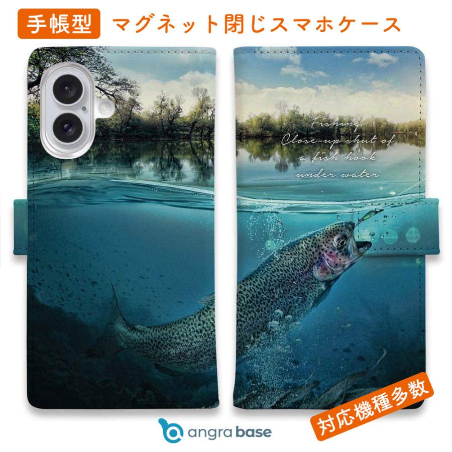 スマホケース 手帳型 水中でニジマスが掛かった瞬間 釣り ルアー 魚