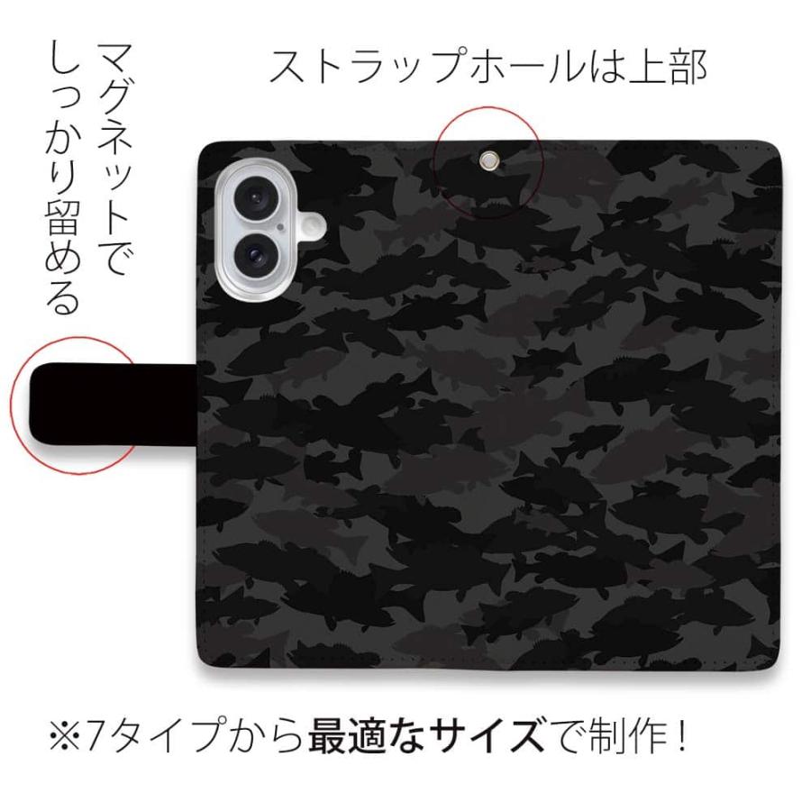 スマホケース 手帳型 ブラックバス 迷彩大柄8 釣り ルアー 魚 迷彩