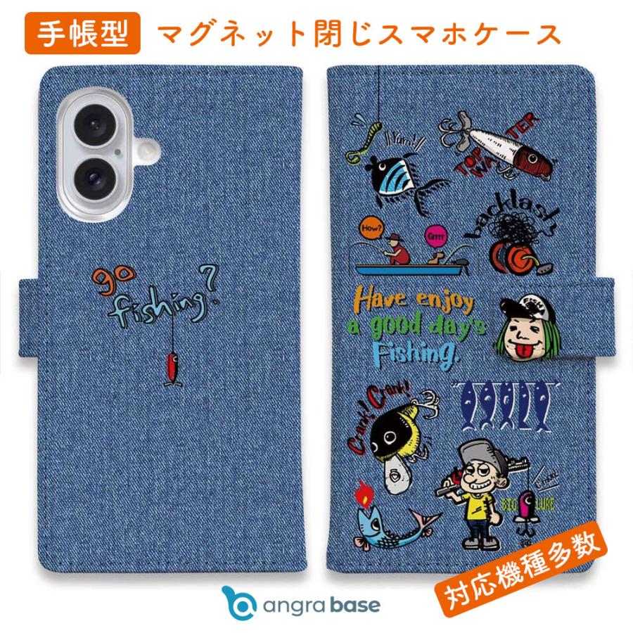 スマホケース 手帳型 魚釣りに出かけよう!_デニム風 釣りざんまい