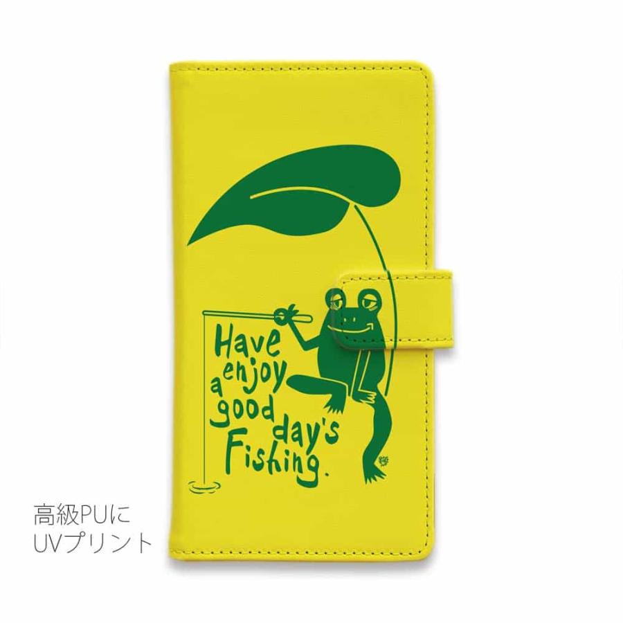 スマホケース 手帳型 カエルが釣りをするでケロ_イエロー 釣りざんまい
