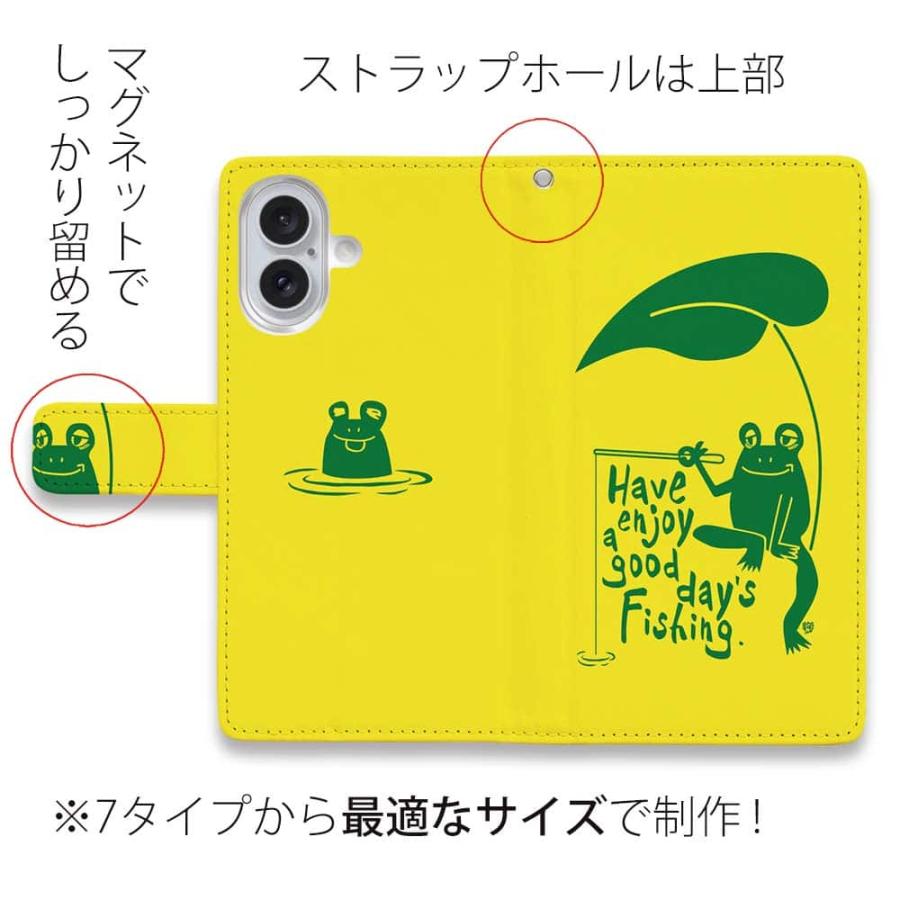 スマホケース 手帳型 カエルが釣りをするでケロ_イエロー 釣りざんまい