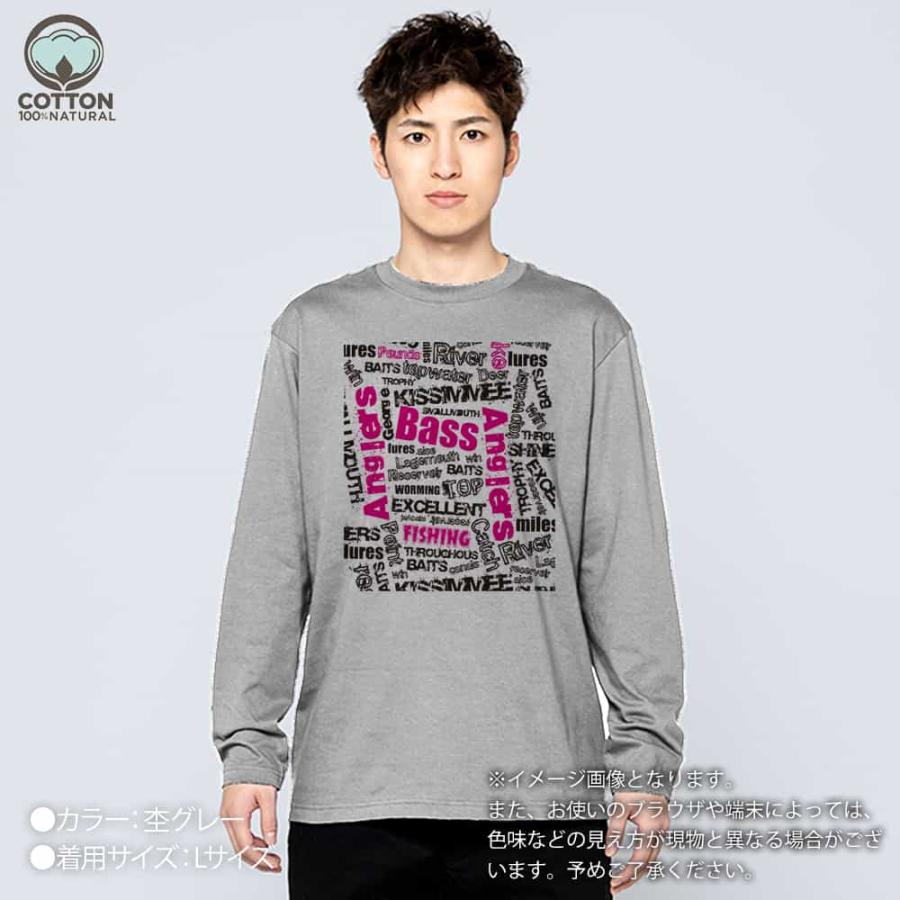 グレー 長袖Tシャツ ピンクプリント 釣り Tシャツ 長袖 BASS テキストデザイン ピンク メンズ レディース