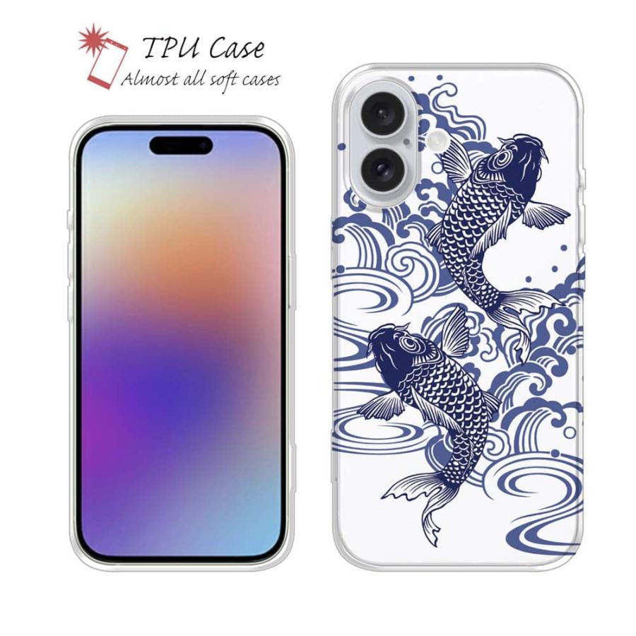 スマホケース ソフトケース TPU タトゥー風昇り鯉 ブルー&ホワイト 魚