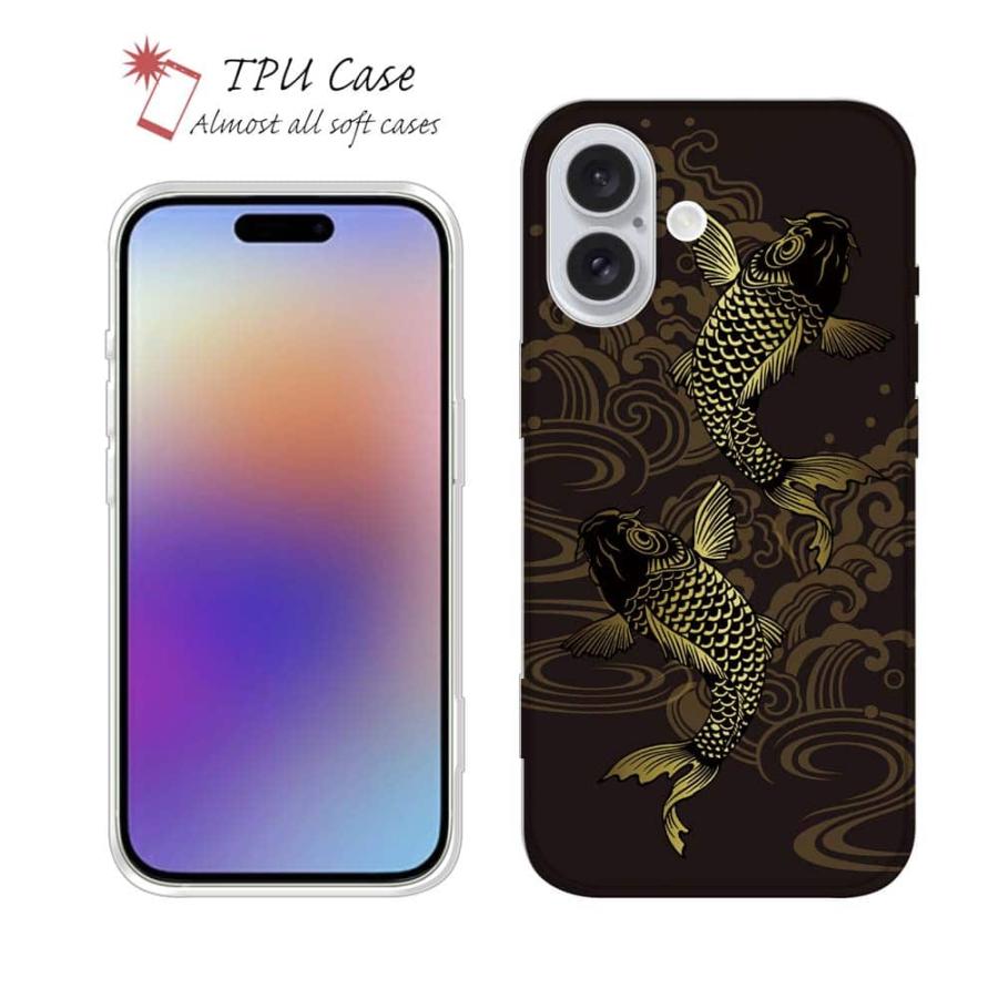 スマホケース ソフトケース TPU タトゥー風昇り鯉 ゴールド&ブラック
