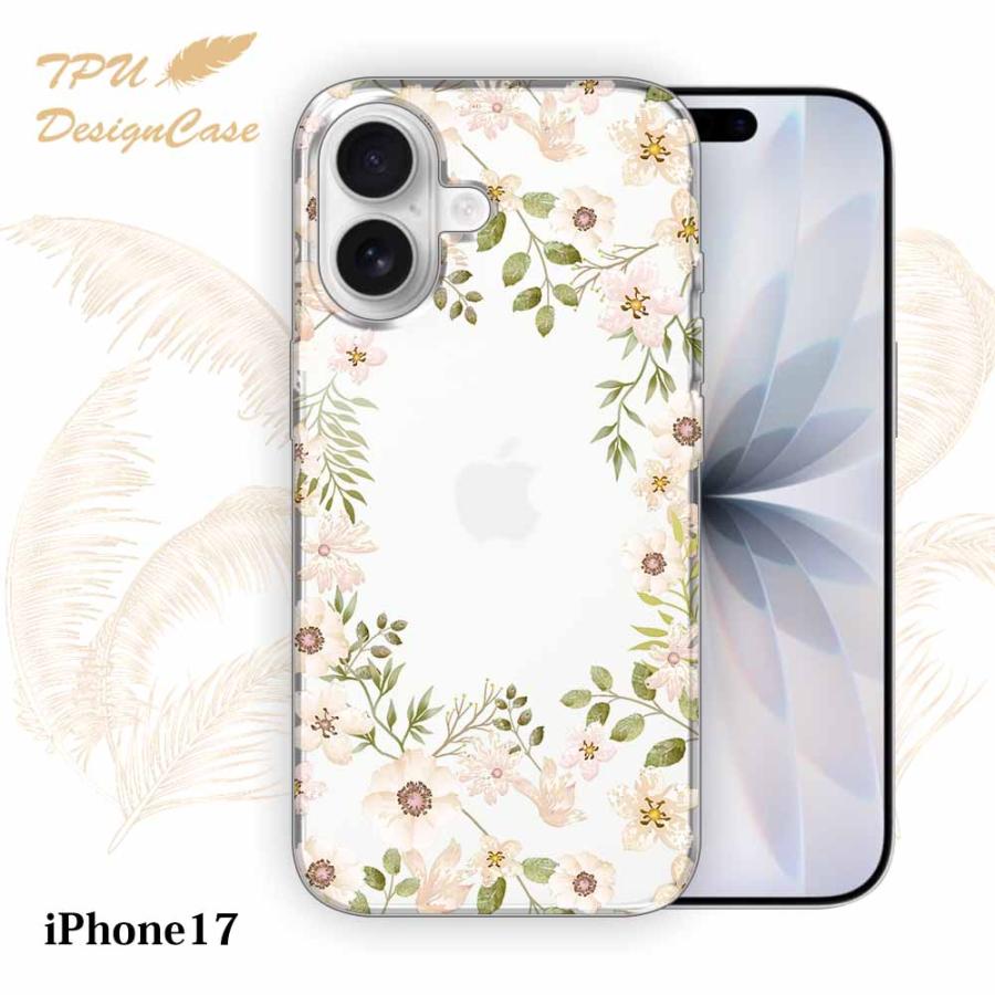 iPhone17 ケース ホワイトフラワー 花柄 クリア 透明 ソフト TPU