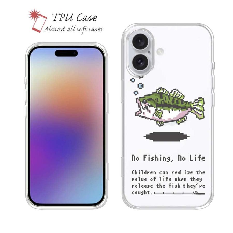 スマホケース ソフトケース 釣りざんまい ドット絵のブラックバス 魚