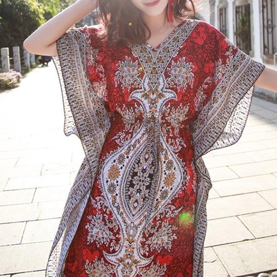 【送料無料】20%off レトロ風 ボヘミアン Ｖネック エスニック ロング ワンピース リゾート 薄手 休日 ワンピース レディース kr230 | 