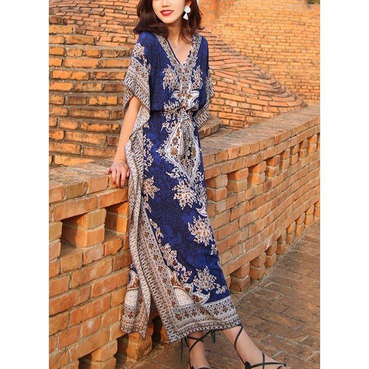 【送料無料】20%off レトロ風 ボヘミアン Ｖネック エスニック ロング ワンピース リゾート 薄手 休日 ワンピース レディース kr230 |  | 14
