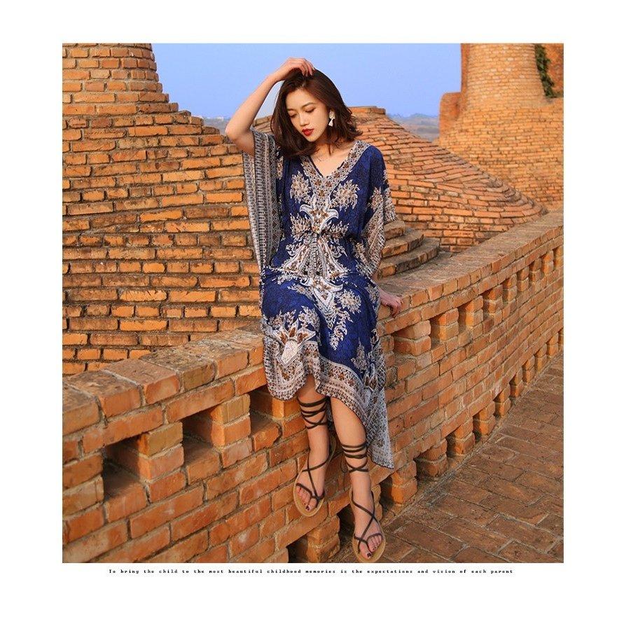 【送料無料】20%off レトロ風 ボヘミアン Ｖネック エスニック ロング ワンピース リゾート 薄手 休日 ワンピース レディース kr230 |  | 15