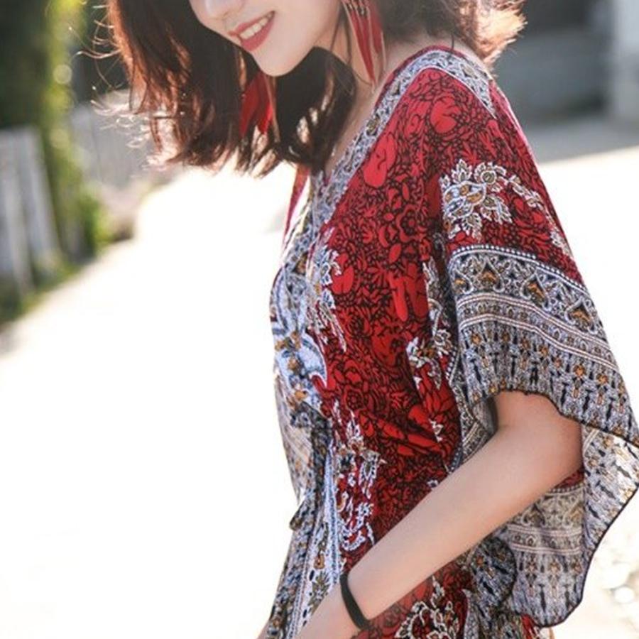 【送料無料】20%off レトロ風 ボヘミアン Ｖネック エスニック ロング ワンピース リゾート 薄手 休日 ワンピース レディース kr230 |  | 01