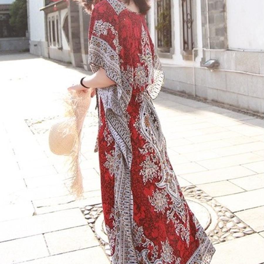 【送料無料】20%off レトロ風 ボヘミアン Ｖネック エスニック ロング ワンピース リゾート 薄手 休日 ワンピース レディース kr230 |  | 02