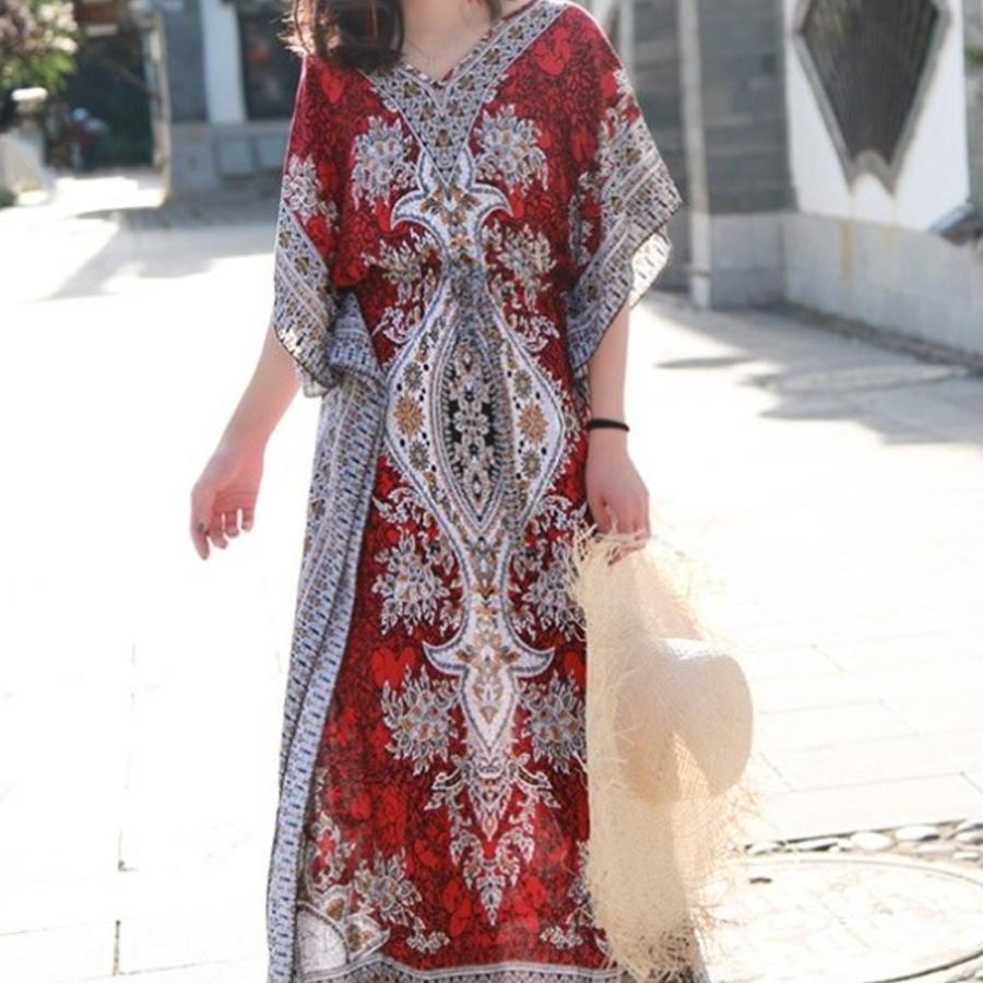 【送料無料】20%off レトロ風 ボヘミアン Ｖネック エスニック ロング ワンピース リゾート 薄手 休日 ワンピース レディース kr230 |  | 03