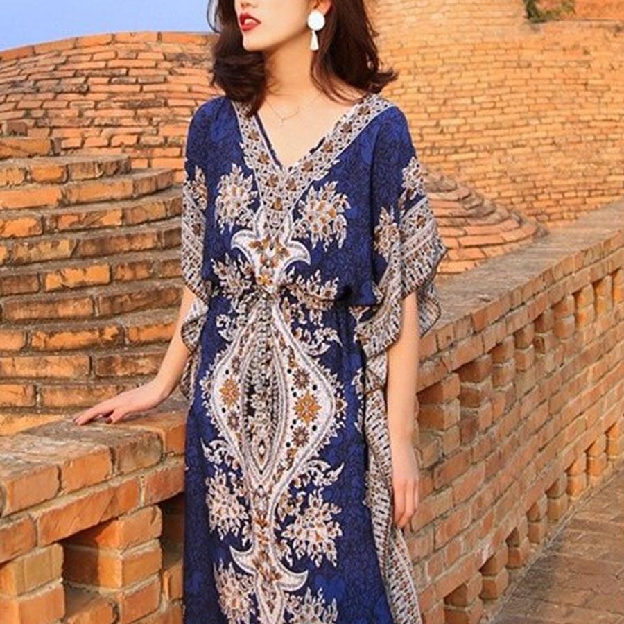 【送料無料】20%off レトロ風 ボヘミアン Ｖネック エスニック ロング ワンピース リゾート 薄手 休日 ワンピース レディース kr230 |  | 04