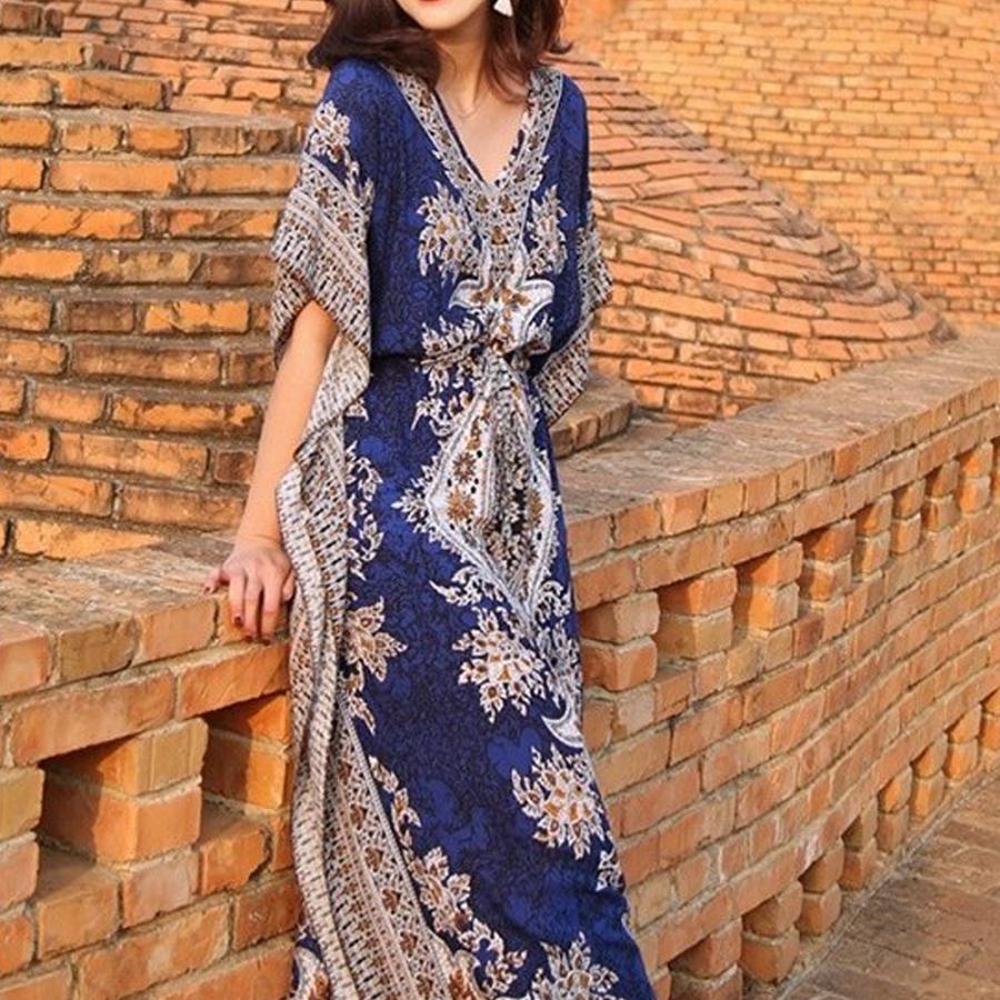 【送料無料】20%off レトロ風 ボヘミアン Ｖネック エスニック ロング ワンピース リゾート 薄手 休日 ワンピース レディース kr230 |  | 05