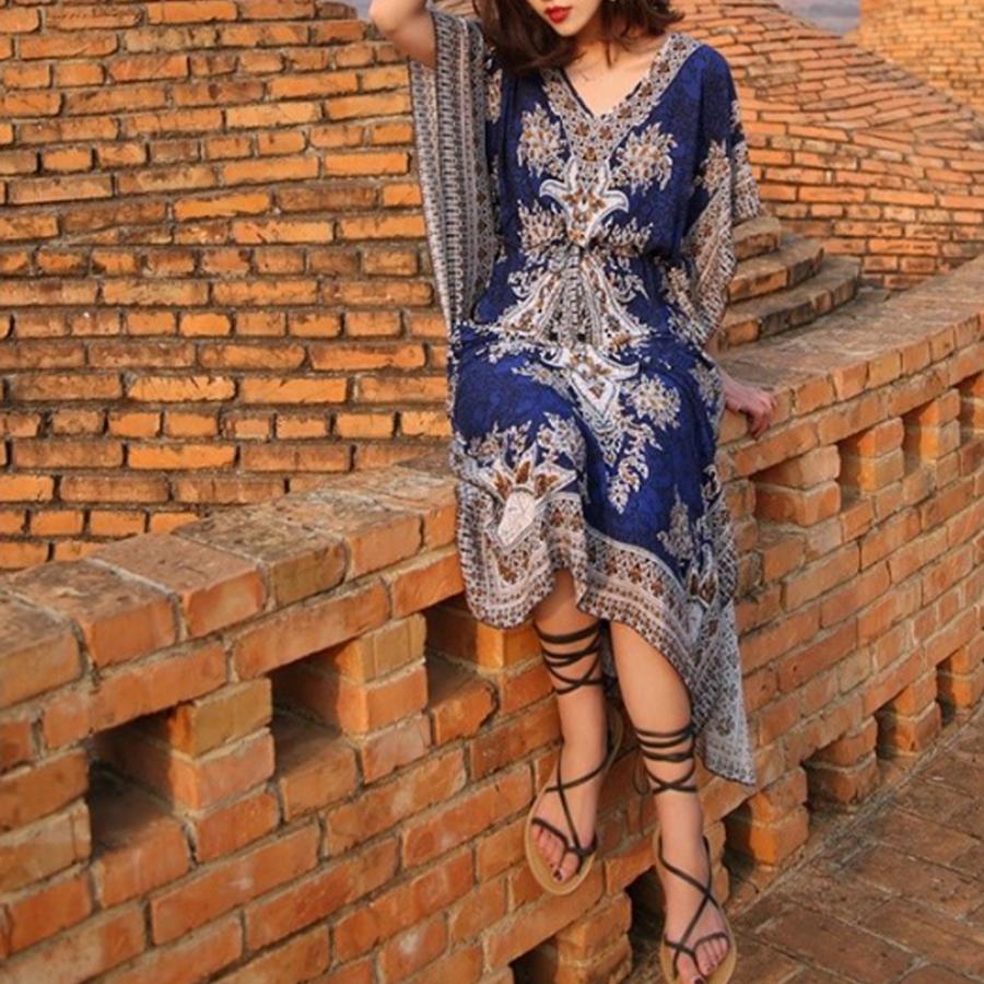 【送料無料】20%off レトロ風 ボヘミアン Ｖネック エスニック ロング ワンピース リゾート 薄手 休日 ワンピース レディース kr230 |  | 06