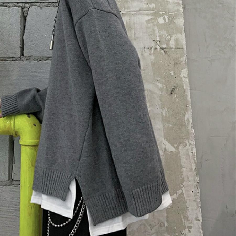 【送料無料】 秋冬　重ね着風　ユニセックス　ニットセーター　シミラールック　サイドスリット　保温　kr320 | 