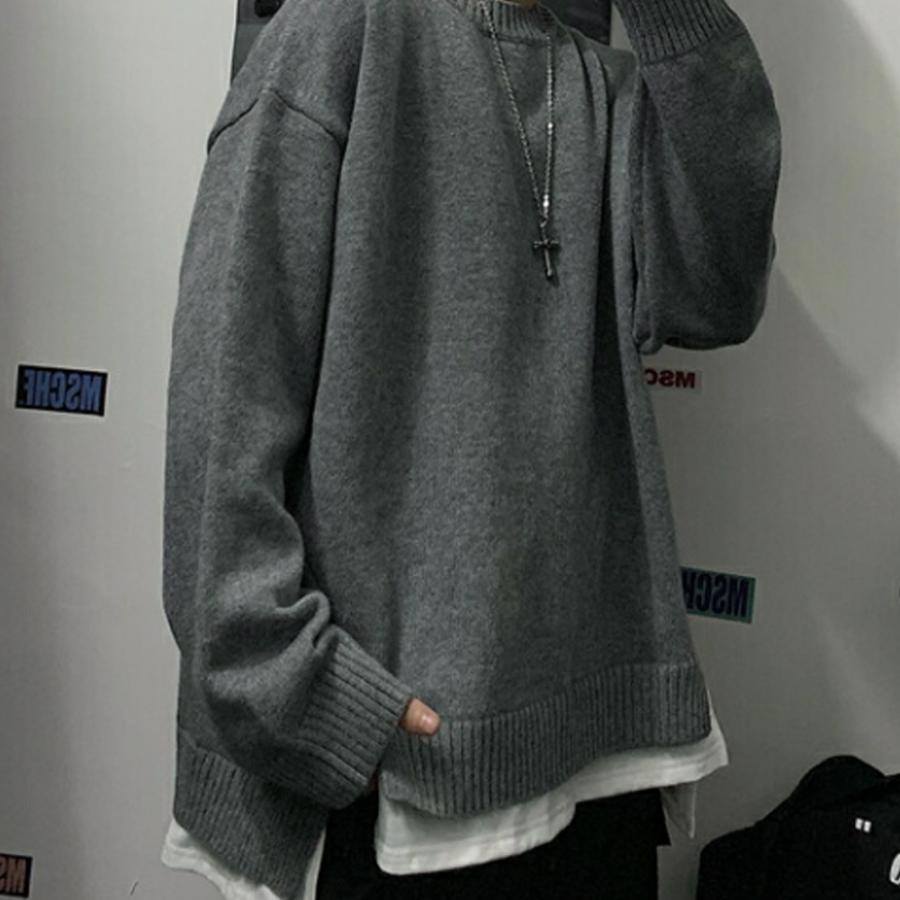 【送料無料】 秋冬　重ね着風　ユニセックス　ニットセーター　シミラールック　サイドスリット　保温　kr320 |  | 01