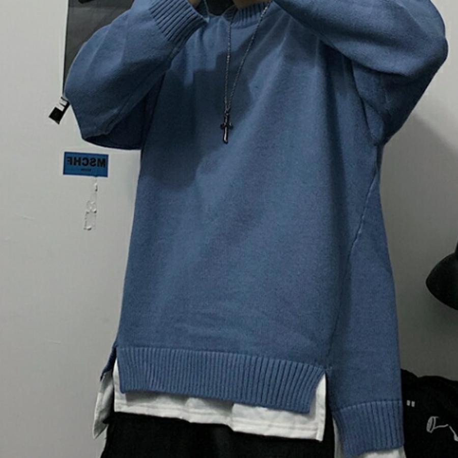 【送料無料】 秋冬　重ね着風　ユニセックス　ニットセーター　シミラールック　サイドスリット　保温　kr320 |  | 03