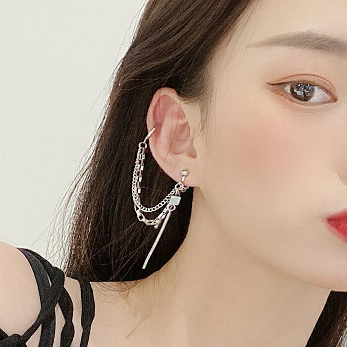 【送料無料】ピアス 軟骨 イヤリング 2連チェーン バーチャーム フープピアス フープイヤリング 片耳 ノンホールピアス ユニセックス 男女兼用 シルバー kr341 |  | 01
