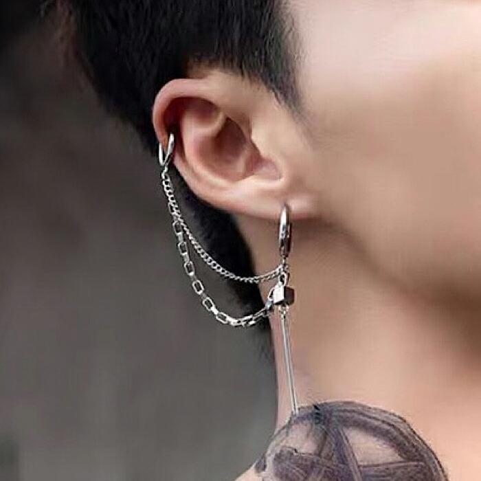 【送料無料】ピアス 軟骨 イヤリング 2連チェーン バーチャーム フープピアス フープイヤリング 片耳 ノンホールピアス ユニセックス 男女兼用 シルバー kr341 |  | 02