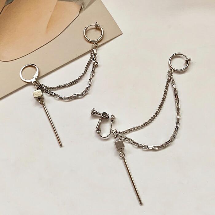 【送料無料】ピアス 軟骨 イヤリング 2連チェーン バーチャーム フープピアス フープイヤリング 片耳 ノンホールピアス ユニセックス 男女兼用 シルバー kr341 |  | 05