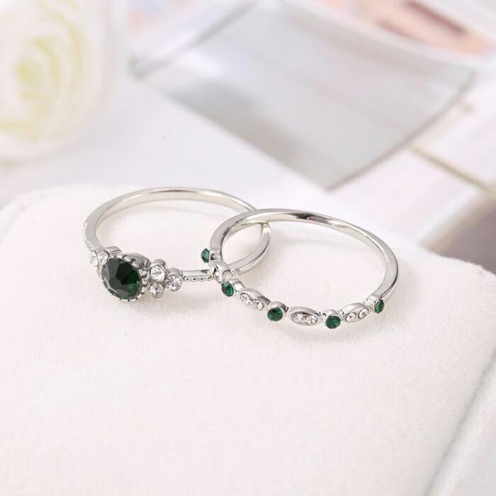 【送料無料】指輪　ストーン　2点　セット　重ね付け　おしゃれ　エレガント　グリーン　ブルー　サファイヤ風　シルバー　大　kr342 |  | 03