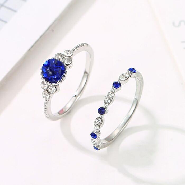 【送料無料】指輪　ストーン　2点　セット　重ね付け　おしゃれ　エレガント　グリーン　ブルー　サファイヤ風　シルバー　大　kr342 |  | 04
