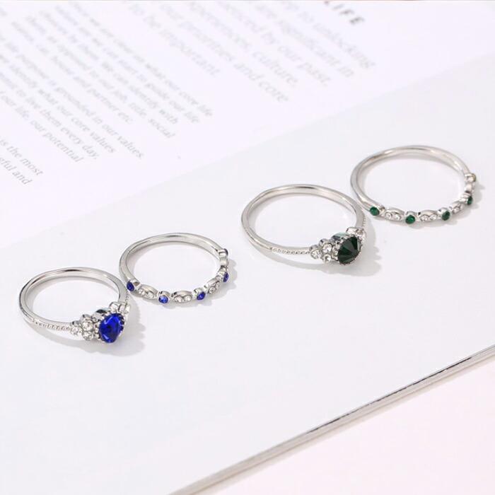 【送料無料】指輪　ストーン　2点　セット　重ね付け　おしゃれ　エレガント　グリーン　ブルー　サファイヤ風　シルバー　大　kr342 |  | 05