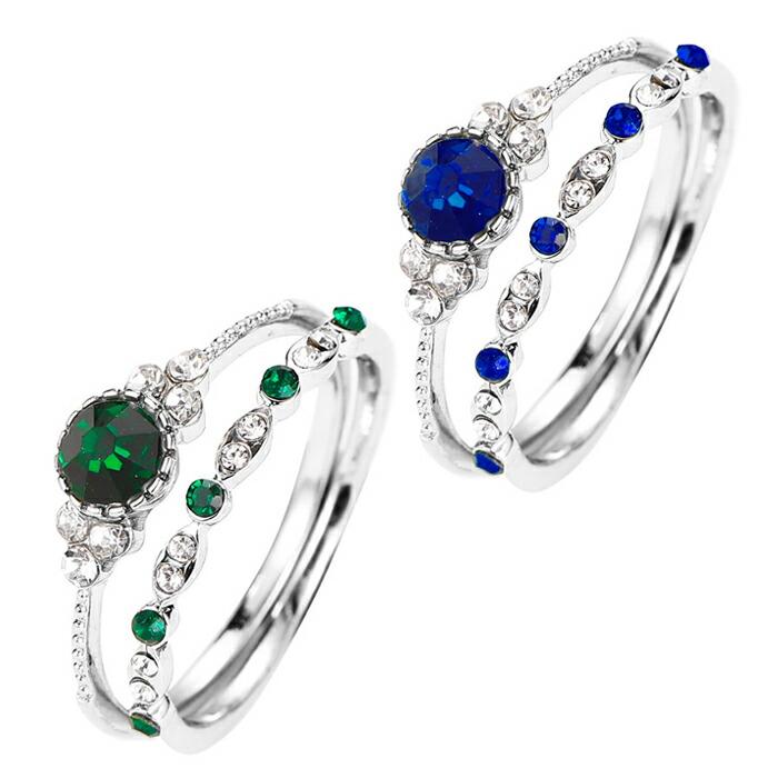 【送料無料】指輪　ストーン　2点　セット　重ね付け　おしゃれ　エレガント　グリーン　ブルー　サファイヤ風　シルバー　大　kr342 |  | 02
