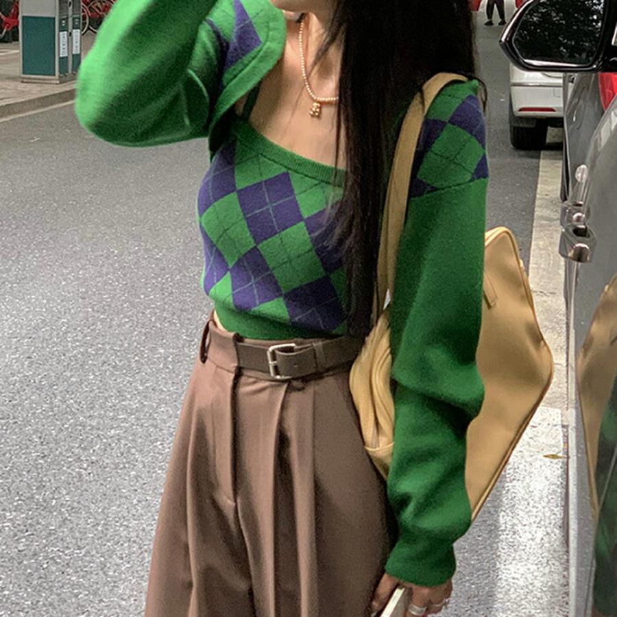 【送料無料】30%off アンサンブル セットアップ ニット キャミ カーディガン 小さいサイズ XS レトロ グリーン ブラック クロップド 脚長 kr401 |  | 01