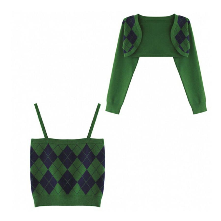 【送料無料】30%off アンサンブル セットアップ ニット キャミ カーディガン 小さいサイズ XS レトロ グリーン ブラック クロップド 脚長 kr401 |  | 03