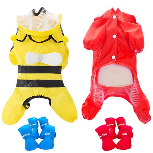【送料無料】60%off ペット 長靴 カッパ レインウェア 帽子 防水 犬 雨 リードホール付き くま ハチ 着せやすい かわいい 四つ脚 つなぎ krd30 |  | 03