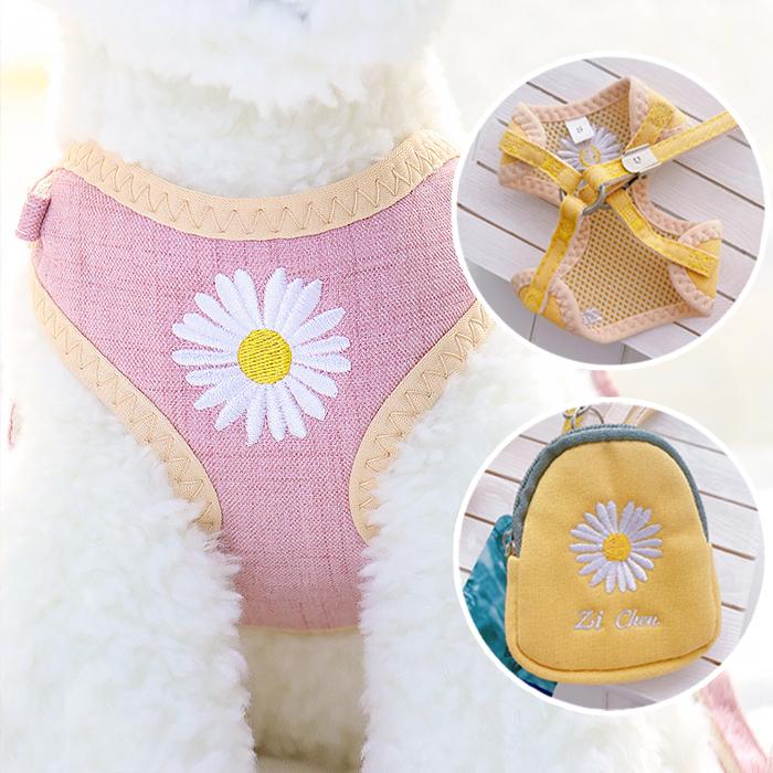 【送料無料】ハーネス リード ポーチ セット 花柄 犬 猫 ペット メッシュ 胴輪 刺繍 小型犬 中型犬 青 黄色 ピンク krd31 |  | 02