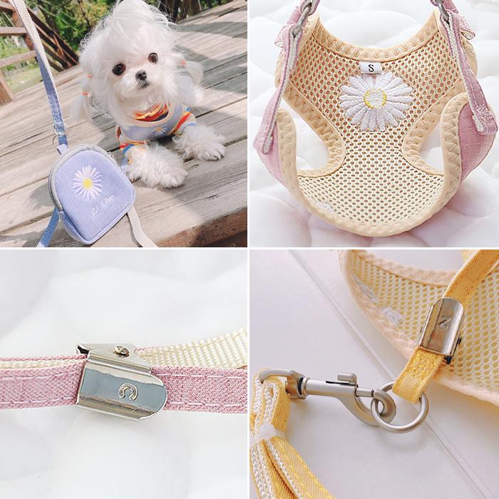 【送料無料】ハーネス リード ポーチ セット 花柄 犬 猫 ペット メッシュ 胴輪 刺繍 小型犬 中型犬 青 黄色 ピンク krd31 |  | 03