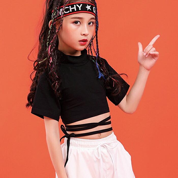 【送料無料】50%off キッズ ダンス 無地 リボン ショート丈 女の子 Tシャツ 半袖 ダンス衣装 ヒップホップ 子供服 ガールズ  ハイネック krk19 | 