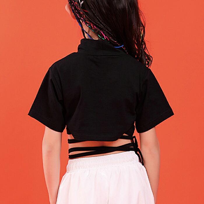 【送料無料】50%off キッズ ダンス 無地 リボン ショート丈 女の子 Tシャツ 半袖 ダンス衣装 ヒップホップ 子供服 ガールズ  ハイネック krk19 |  | 02