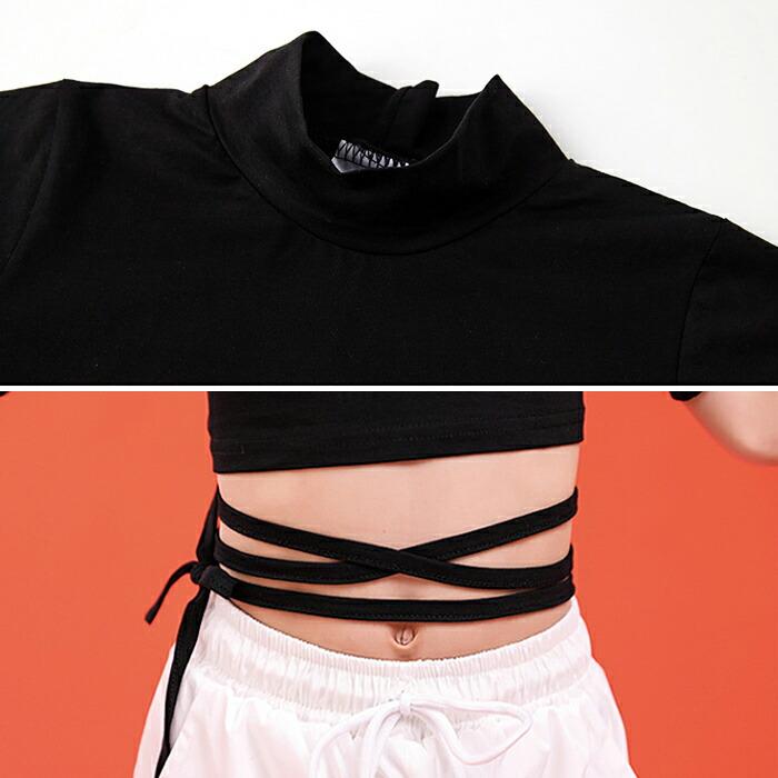 【送料無料】50%off キッズ ダンス 無地 リボン ショート丈 女の子 Tシャツ 半袖 ダンス衣装 ヒップホップ 子供服 ガールズ  ハイネック krk19 |  | 04