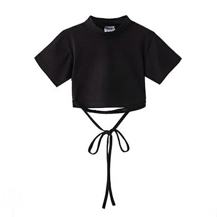 【送料無料】50%off キッズ ダンス 無地 リボン ショート丈 女の子 Tシャツ 半袖 ダンス衣装 ヒップホップ 子供服 ガールズ  ハイネック krk19 |  | 05