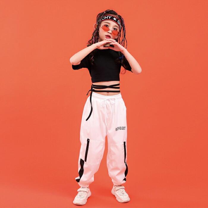 【送料無料】50%off キッズ ダンス 無地 リボン ショート丈 女の子 Tシャツ 半袖 ダンス衣装 ヒップホップ 子供服 ガールズ  ハイネック krk19 |  | 01