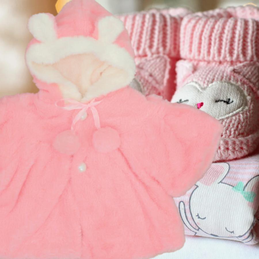 【送料無料】50%off  耳付き アニマル ベビー 可愛い リボン 前開き ホワイト ピンク フード コート 秋冬 お出掛け お散歩 ミニコート プレゼント krk38 |  | 01