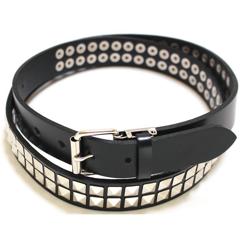 Mサイズ 2連 角ピラミッド鋲 ブラック 30ミリ幅 牛革 パンクベルト